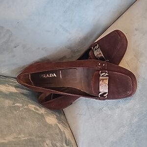 Prada brown suede logo loafers
